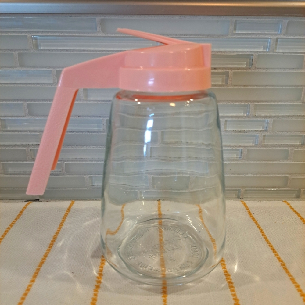 Vtg Federal Housewares 12 oz Glass Syrup Dispenser w/Pink Plastic Lid- Retro